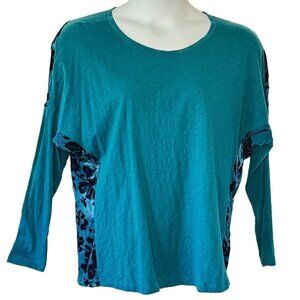 Sundance Silk Velvet Burnout Floral Top Teal Jewel Neck Dolman Sleeve  Size L